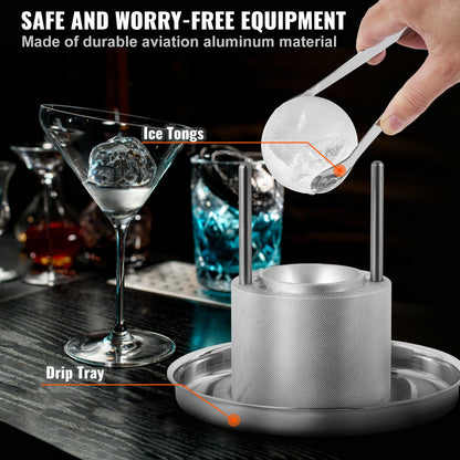 Ice Ball Press, 2.4" Ice Ball Maker, Aircraft Al Alloy Ice Ball Press Kit for 60mm Ice Sphere, Ice Press with Tong and Drip Tray, for Whiskey, Cocktail, Bourbon, Scot on Party & Holiday, Silver
