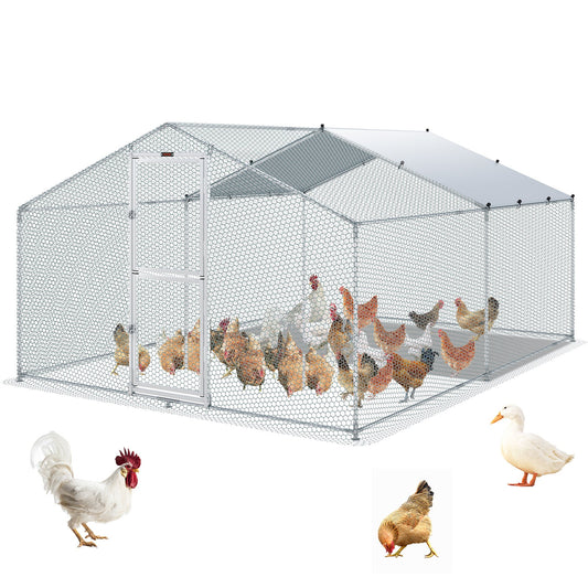 Metal Chicken Coop, 13.1 x 9.8 x 6.6 ft Large Chicken Run, Top Roof Outdoor Walk-in Poultry Cage for Farm or Backyard, with Waterproof Lid and Protective Net, for Hen, Duck, Rabbit