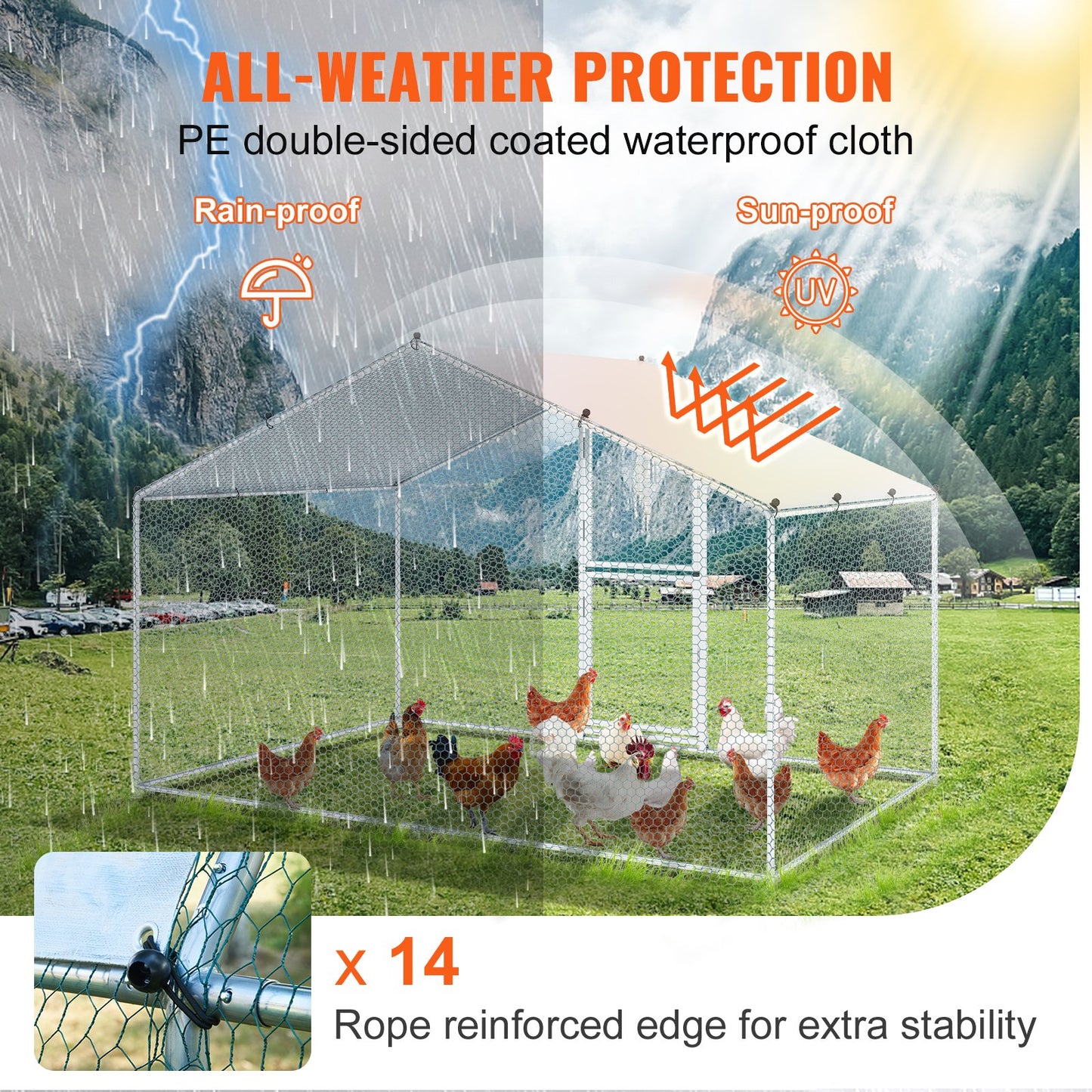 Großer Hühnerstall aus Metall mit Auslauf, begehbarer Hühnerstall für den Bauernhof mit wasserdichter Abdeckung, 2,0 x 2,9 x 2,0 m, großer Hühnerkäfig mit Dach für Hühnerstall, Entenauslauf und Kaninchenauslauf, silber