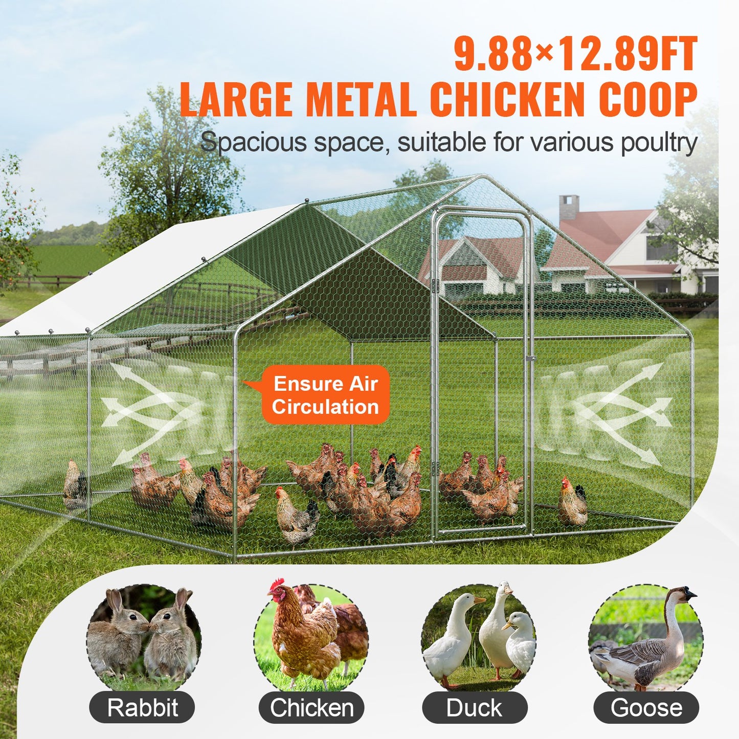 Metal Chicken Coop Walk-in Chicken Run with Waterproof Cover 9.8x13x6.5 Feet