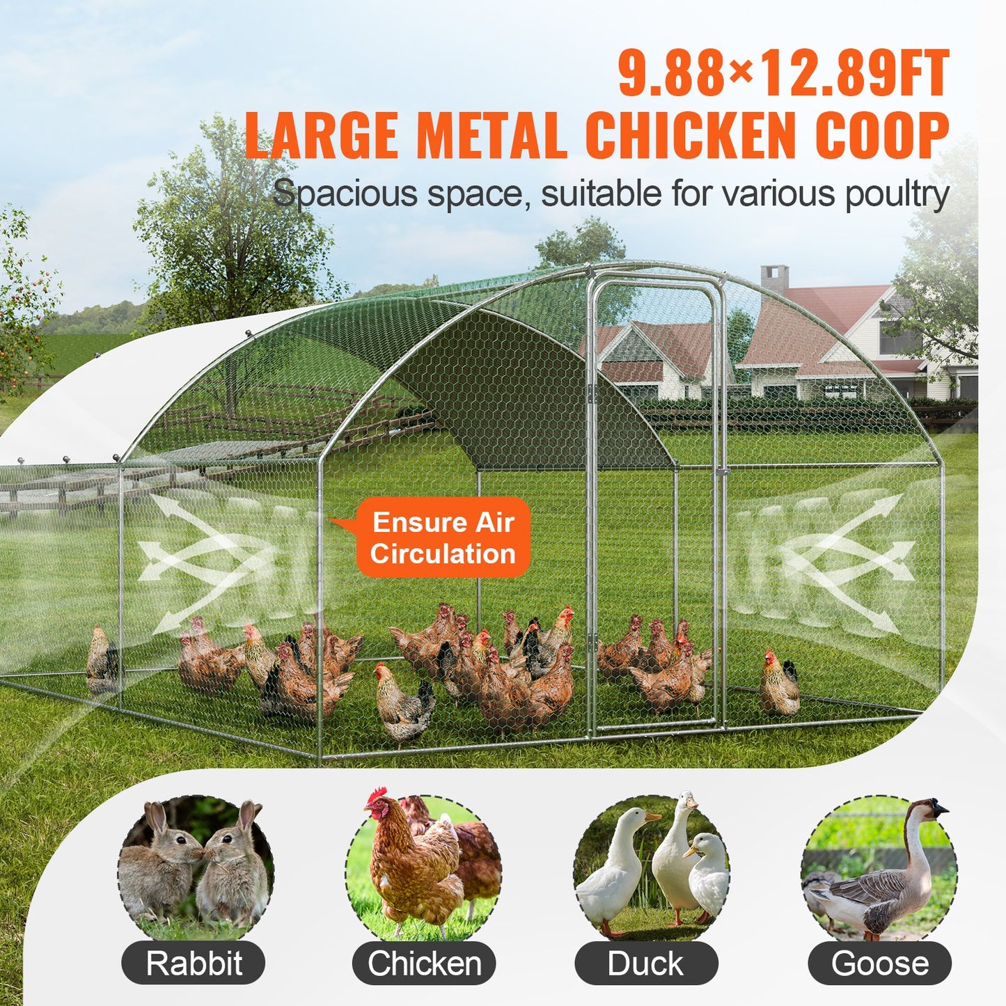 Large Metal Chicken Coop, 9.8x12.9x6.5 ft Walk in Chicken Run for Farm with Waterproof Cover, Doom Roof Chicken Coop with Safety Lock for Outdoor and Backyard, Farm, Duck Rabbit Cage Poultry Cage