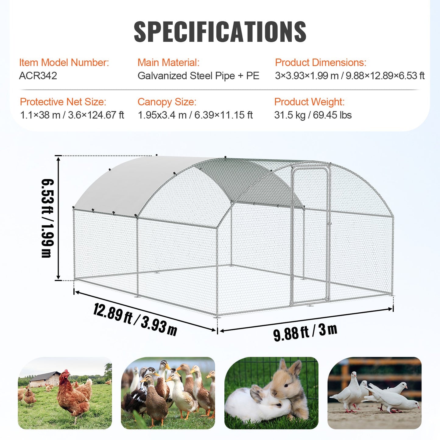Large Metal Chicken Coop, 9.8x12.9x6.5 ft Walk in Chicken Run for Farm with Waterproof Cover, Doom Roof Chicken Coop with Safety Lock for Outdoor and Backyard, Farm, Duck Rabbit Cage Poultry Cage