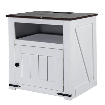 Farmhouse End Table Square Night Stand with USB Ports and Outlets White