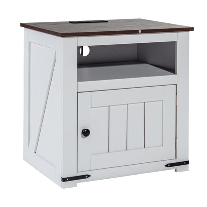 Farmhouse End Table Square Night Stand with USB Ports and Outlets White