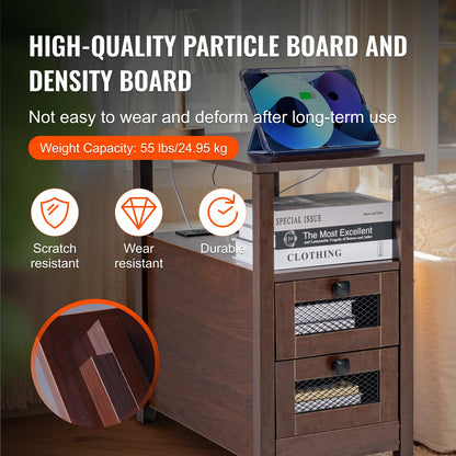 Farmhouse End Table, Nightstand with Charging Station, 4 Tiers End Table with Storage Cabinet and 2 Drawers, Side Table with USB Ports and Outlets, Ideal for Living Room, Bedroom, Brown