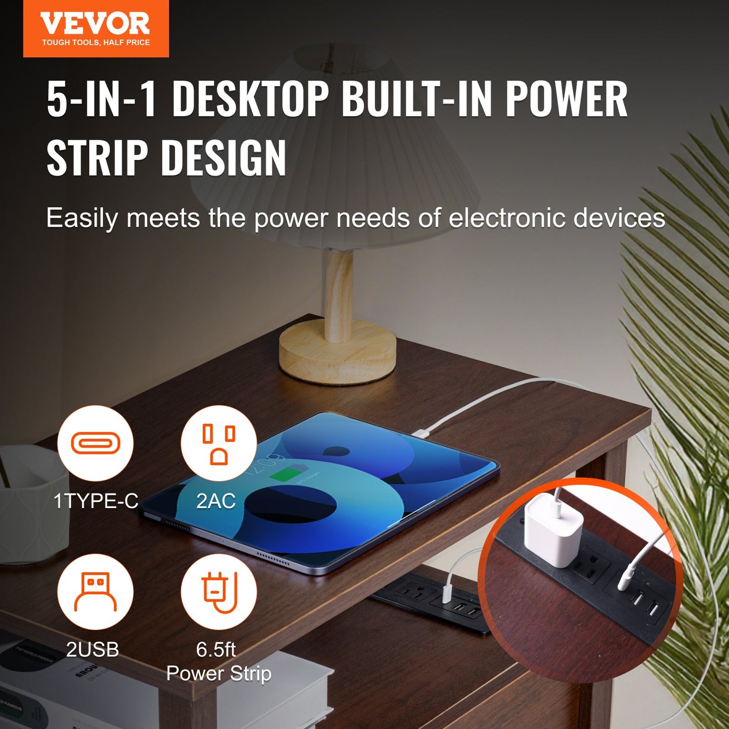 Farmhouse End Table Narrow Nightstand with USB Ports and Outlets Brown