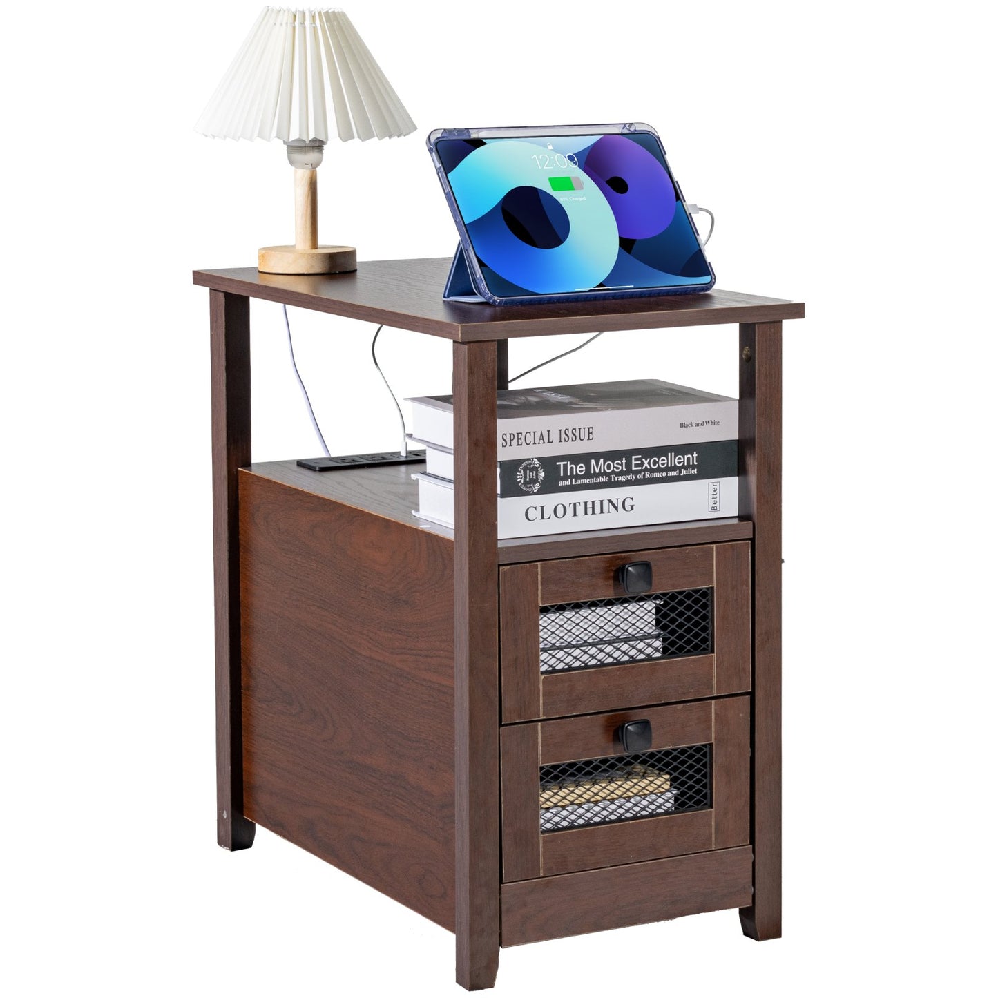 Farmhouse End Table Narrow Nightstand with USB Ports and Outlets Brown