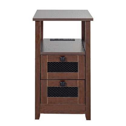 Farmhouse End Table Narrow Nightstand with USB Ports and Outlets Brown