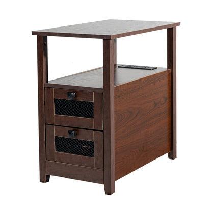 Farmhouse End Table Narrow Nightstand with USB Ports and Outlets Brown