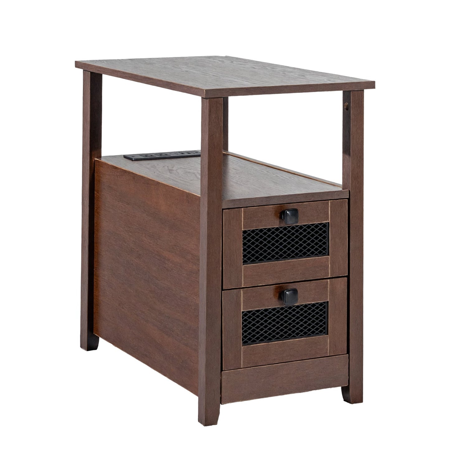 Farmhouse End Table Narrow Nightstand with USB Ports and Outlets Brown