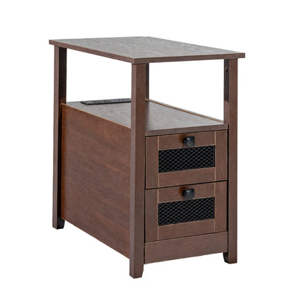 Farmhouse End Table Narrow Nightstand with USB Ports and Outlets Brown