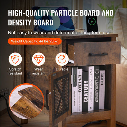 Farmhouse End Table Nightstand with USB Ports and Outlets 3-Tier Storage