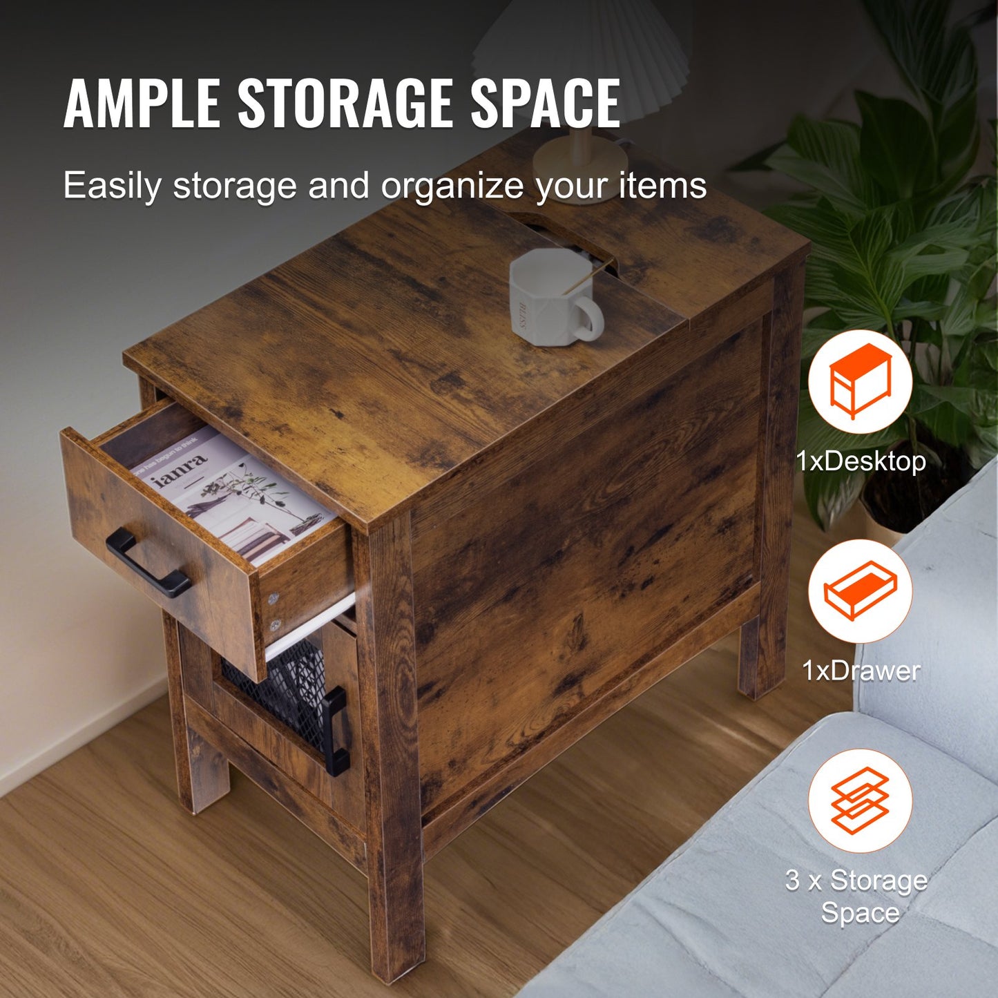 Farmhouse End Table Nightstand with USB Ports and Outlets 3-Tier Storage