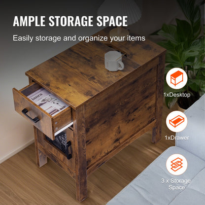 Farmhouse End Table Nightstand with USB Ports and Outlets 3-Tier Storage