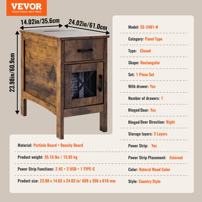 Farmhouse End Table Nightstand with USB Ports and Outlets 3-Tier Storage