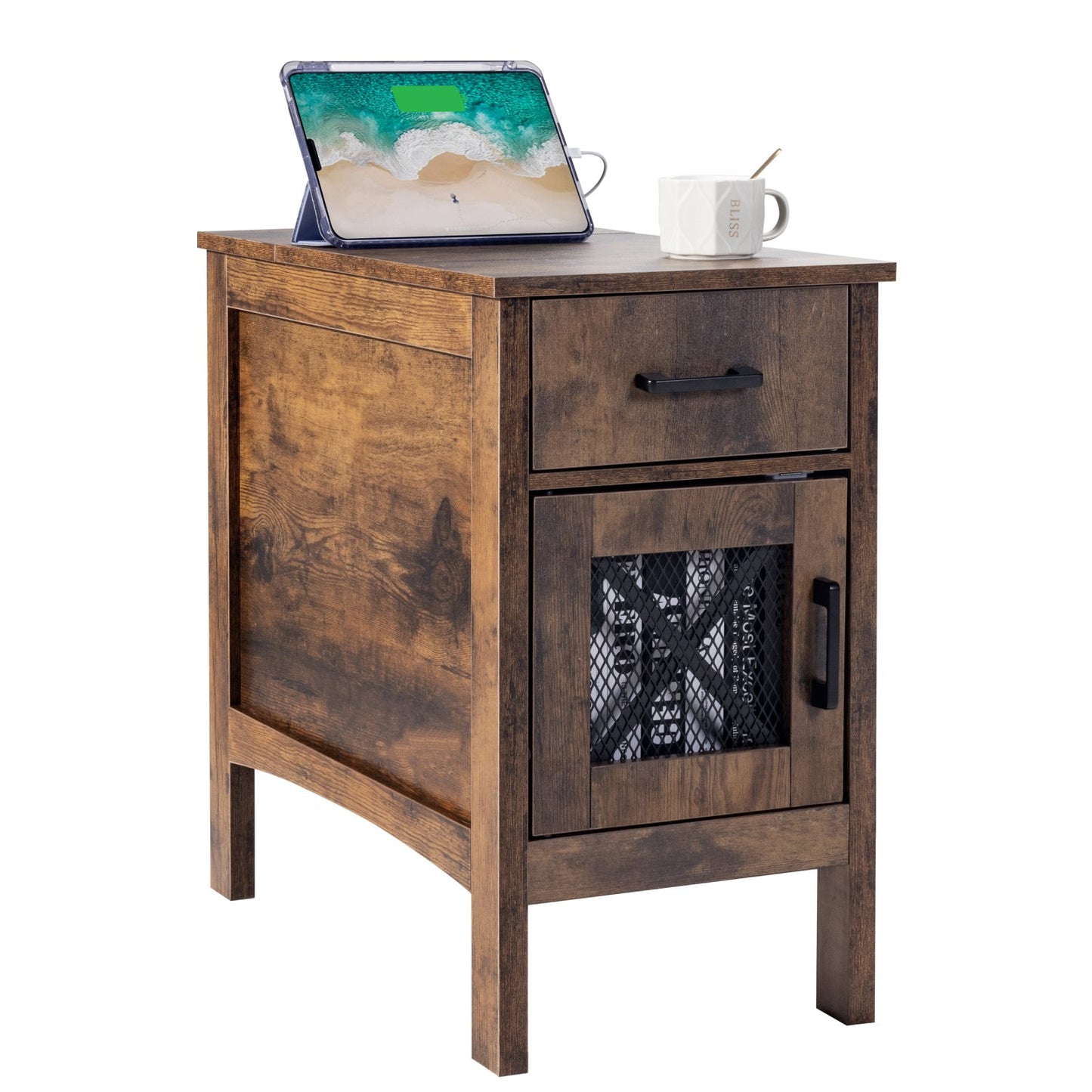 Farmhouse End Table Nightstand with USB Ports and Outlets 3-Tier Storage