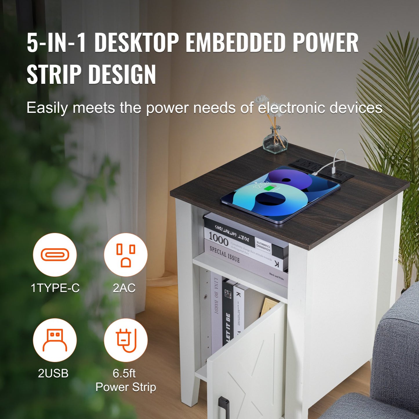 Farmhouse End Table Set of 2, Nightstand with Charging Station, 3 Tiers Side Table with Storage Cabinet, End Table with USB Ports and Outlets, Ideal for Living Room, Bedroom, Office, White