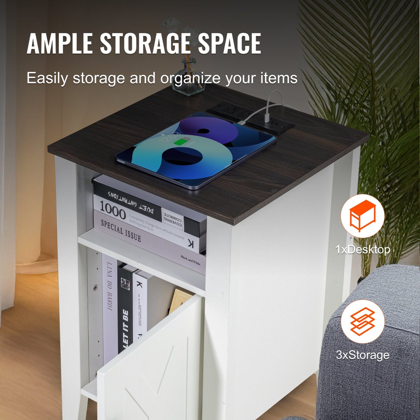 Farmhouse End Table Set of 2, Nightstand with Charging Station, 3 Tiers Side Table with Storage Cabinet, End Table with USB Ports and Outlets, Ideal for Living Room, Bedroom, Office, White