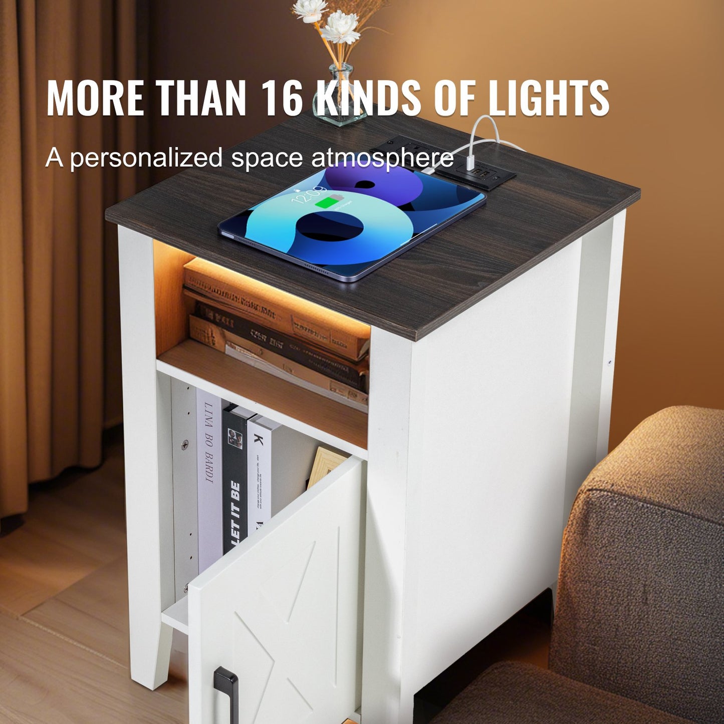 Farmhouse End Table Nightstand with USB Outlet LED Light Set of 2 White