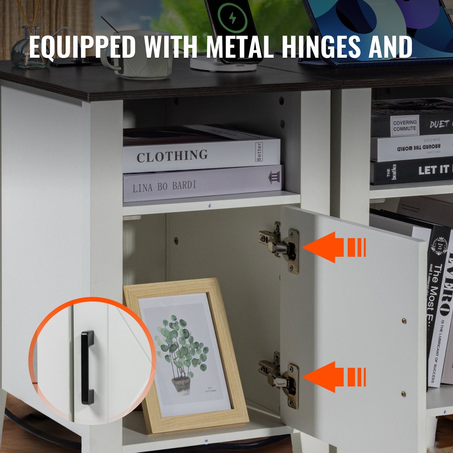 Farmhouse End Table Nightstand with USB Outlet LED Light Set of 2 White