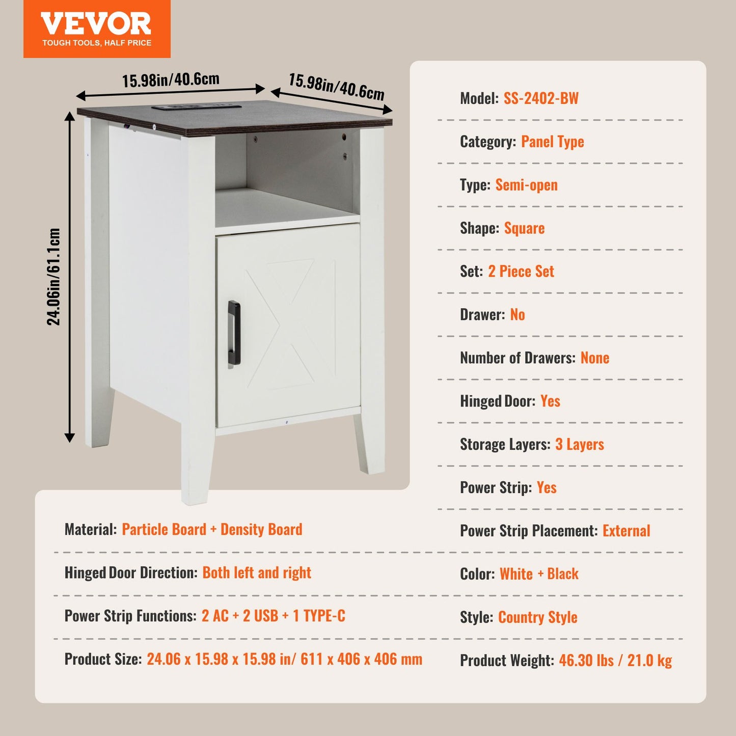 Farmhouse End Table Nightstand with USB Outlet LED Light Set of 2 White