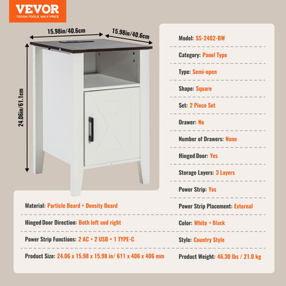 Farmhouse End Table Nightstand with USB Outlet LED Light Set of 2 White