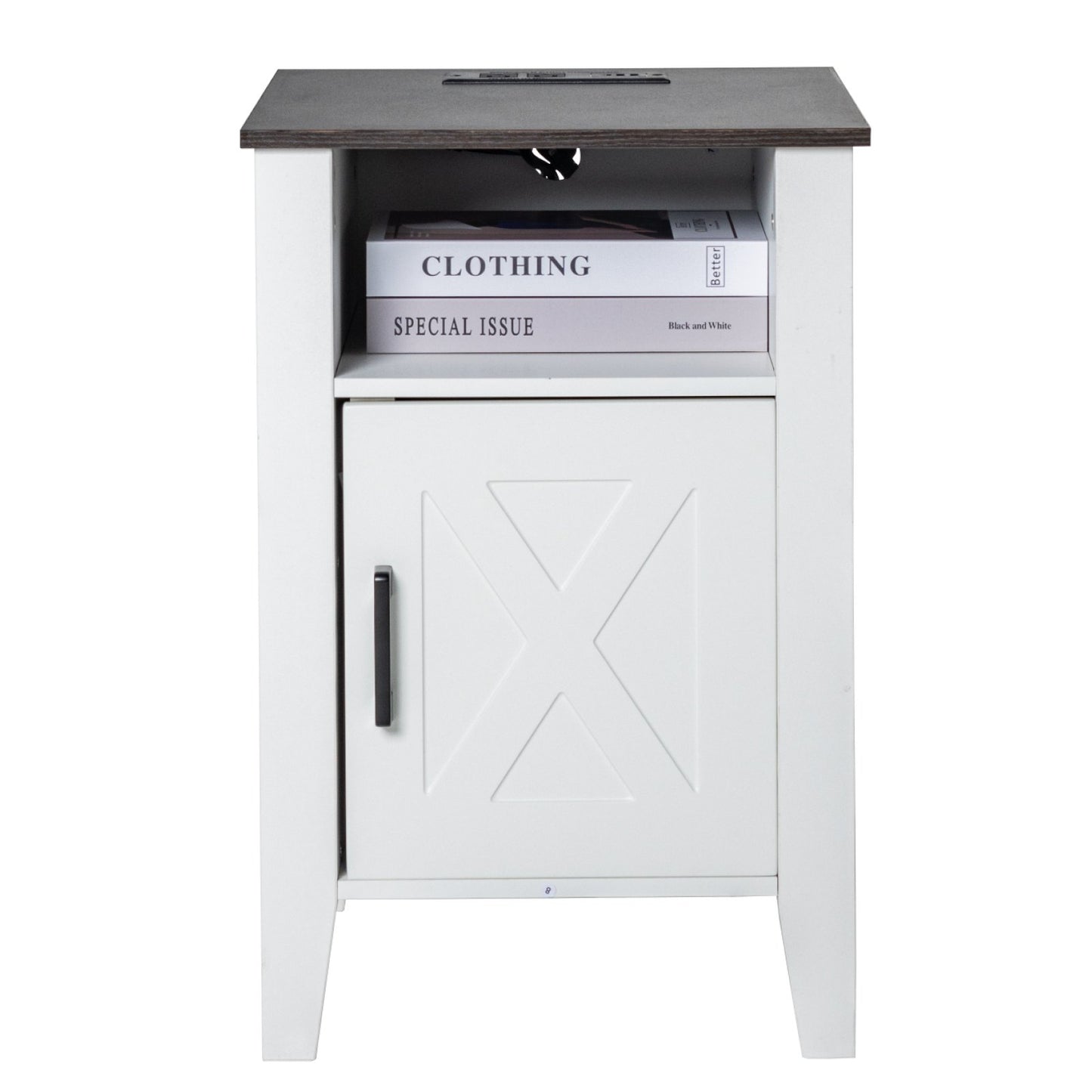 Farmhouse End Table Nightstand with USB Outlet LED Light Set of 2 White