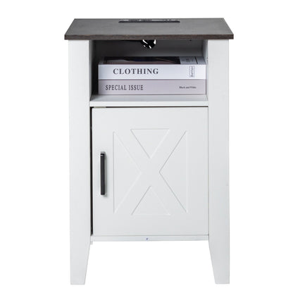 Farmhouse End Table Nightstand with USB Outlet LED Light Set of 2 White