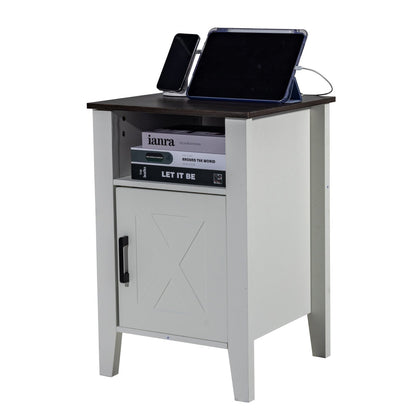 Farmhouse End Table Nightstand with USB Outlet LED Light Set of 2 White