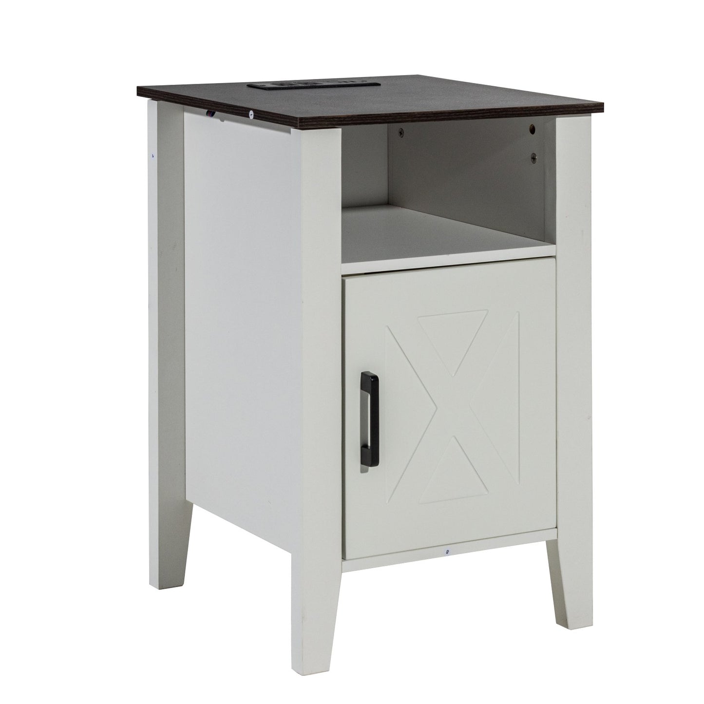 Farmhouse End Table Nightstand with USB Outlet LED Light Set of 2 White