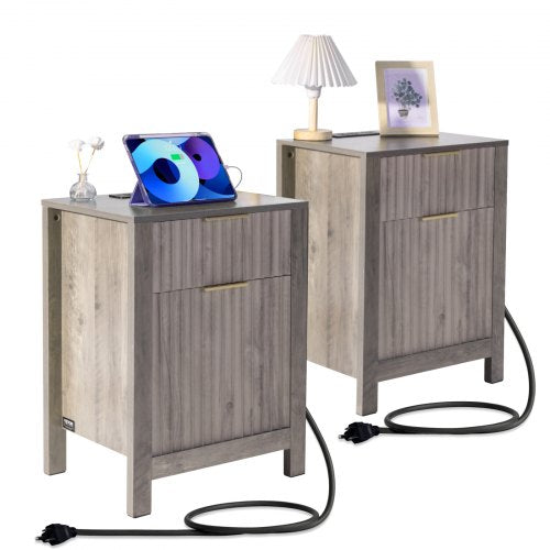 Farmhouse End Table Set of 2, Nightstand with Charging Station, 3 Tiers Side Table with Storage Cabinet and 2 Drawers, Side Table with USB Ports and Outlets, Ideal for Living Room, Bedroom, Gray