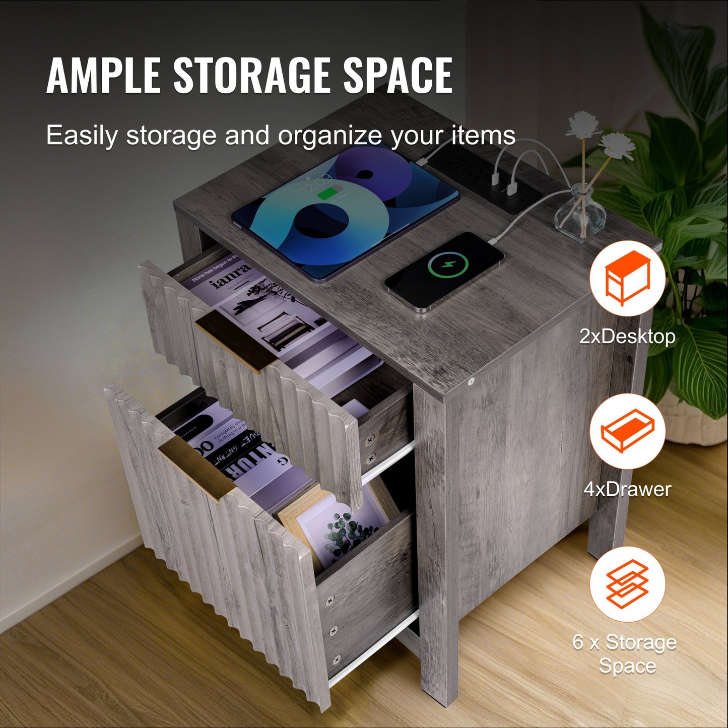 Farmhouse End Table Set of 2, Nightstand with Charging Station, 3 Tiers Side Table with Storage Cabinet and 2 Drawers, Side Table with USB Ports and Outlets, Ideal for Living Room, Bedroom, Gray