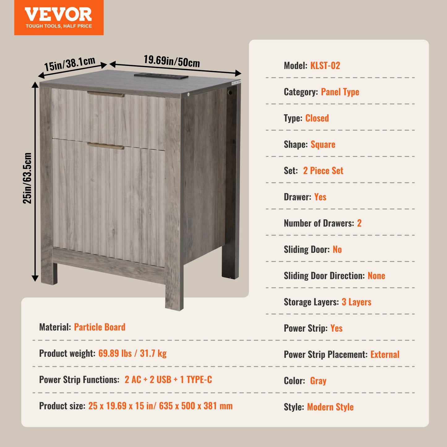 Farmhouse End Table Set of 2, Nightstand with Charging Station, 3 Tiers Side Table with Storage Cabinet and 2 Drawers, Side Table with USB Ports and Outlets, Ideal for Living Room, Bedroom, Gray