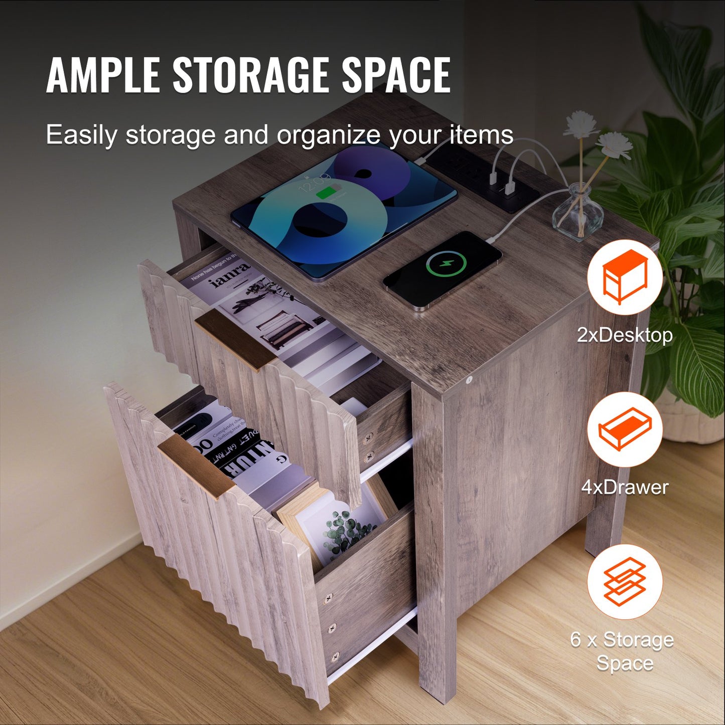 Farmhouse End Table Square Night Stand with USB &amp; Socket Set of 2 Grey