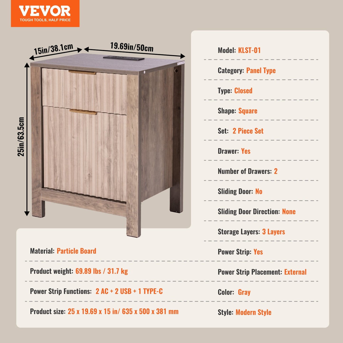 Farmhouse End Table Square Night Stand with USB &amp; Socket Set of 2 Grey