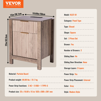 Farmhouse End Table Square Night Stand with USB &amp; Socket Set of 2 Grey
