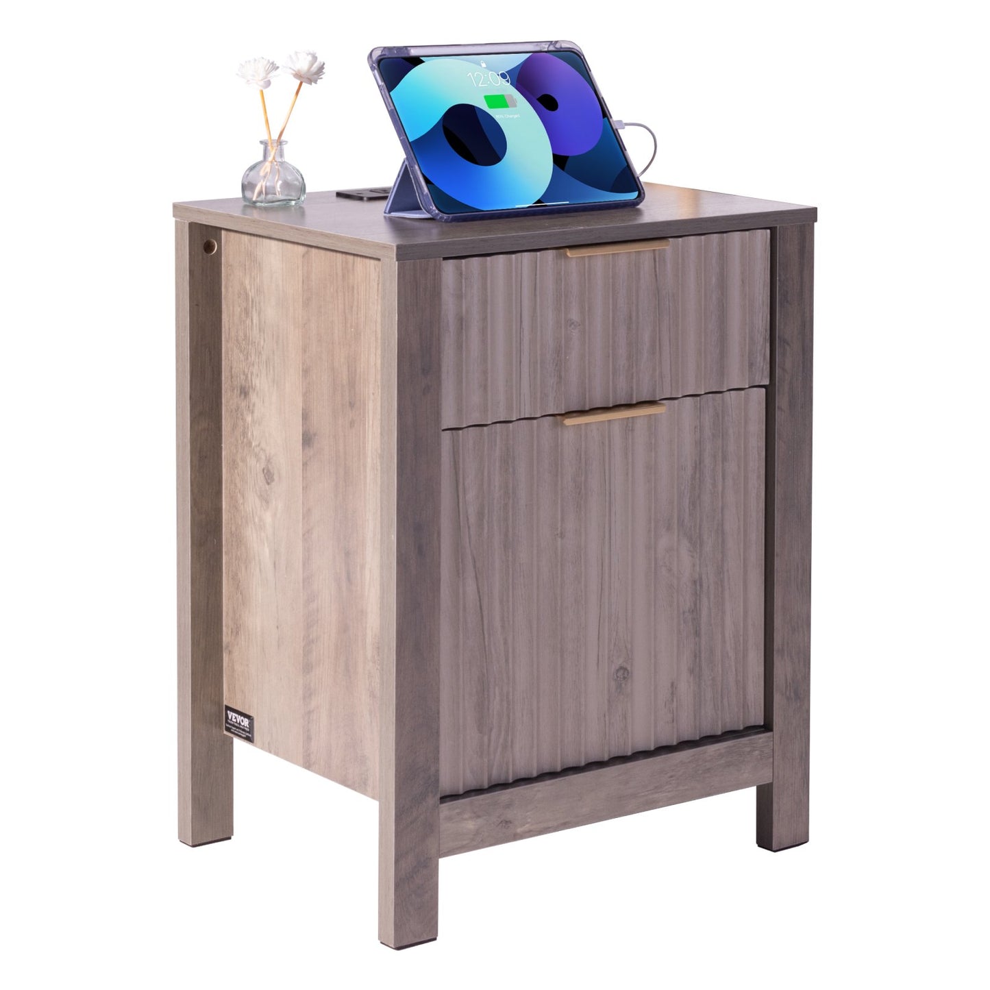 Farmhouse End Table Square Night Stand with USB &amp; Socket Set of 2 Grey