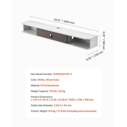 Flytande TV-bänk 55 tum underhållningscenter ström med kabelhål vit |  EU