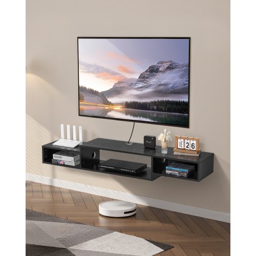 Floating TV Stand, 59" Wall Mount Entertainment Center with Power Outlet & Cable Hole, Modern Floating TV Shelf with Storage Cabinet for DVD Player, Cable Box, Game Console, TV Accessory, Black