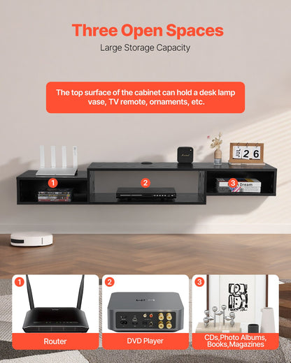 Floating TV Stand, 59" Wall Mount Entertainment Center with Power Outlet & Cable Hole, Modern Floating TV Shelf with Storage Cabinet for DVD Player, Cable Box, Game Console, TV Accessory, Black