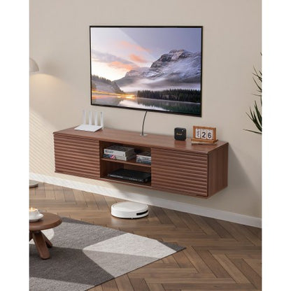 Floating TV Stand, 60" Wall Mount Entertainment Center with Adjustable Shelf & Sliding Doors, 2 Tiers Floating TV Shelf with Storage Cabinet for DVD Player, Cable Box, Game Console, Walnut