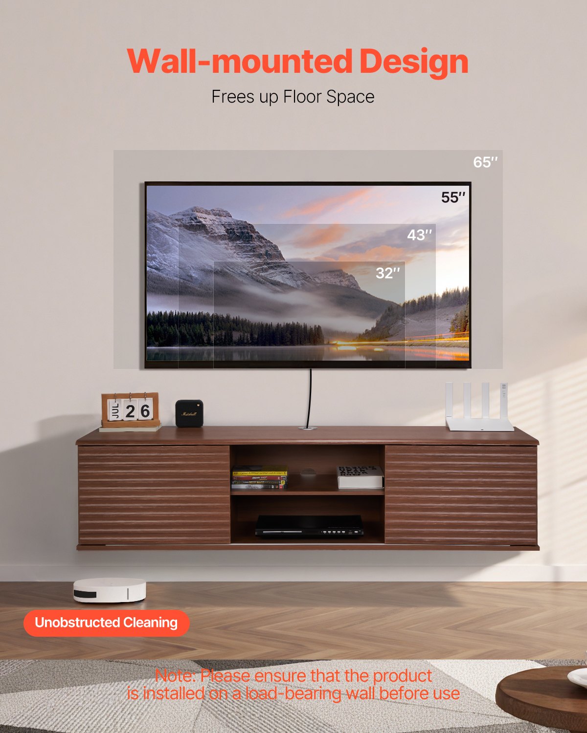 Floating TV Stand, 60" Wall Mount Entertainment Center with Adjustable Shelf & Sliding Doors, 2 Tiers Floating TV Shelf with Storage Cabinet for DVD Player, Cable Box, Game Console, Walnut