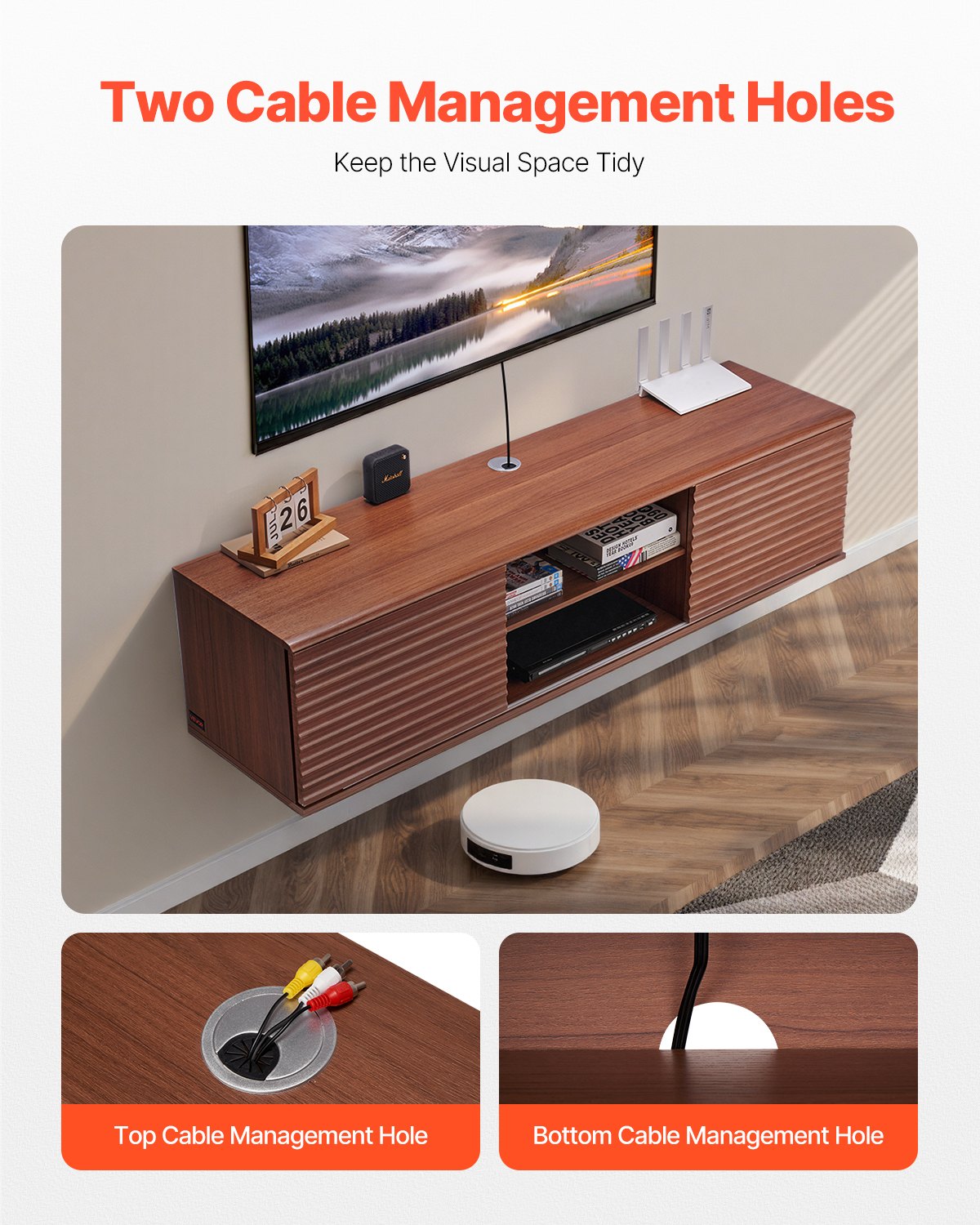 Floating TV Stand, 60" Wall Mount Entertainment Center with Adjustable Shelf & Sliding Doors, 2 Tiers Floating TV Shelf with Storage Cabinet for DVD Player, Cable Box, Game Console, Walnut