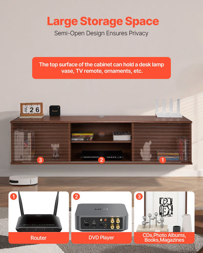 Floating TV Stand, 60" Wall Mount Entertainment Center with Adjustable Shelf & Sliding Doors, 2 Tiers Floating TV Shelf with Storage Cabinet for DVD Player, Cable Box, Game Console, Walnut