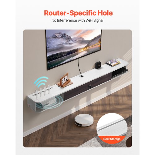 Flytande TV-bänk 70 tum underhållningscenter ström med kabelhål vit |  EU