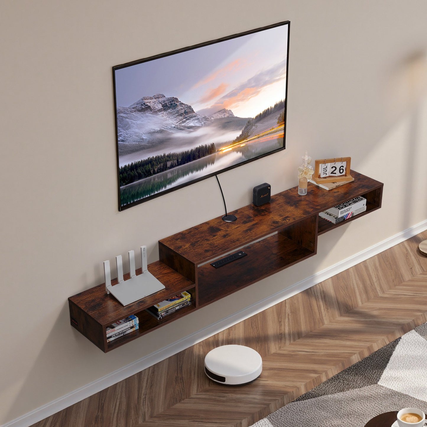 Floating TV Stand, 70" Wall Mount Entertainment Center with Power Outlet & Cable Hole, Modern Floating TV Shelf with Storage Cabinet for DVD Player, Cable Box, Game Console, TV Accessory, Wood