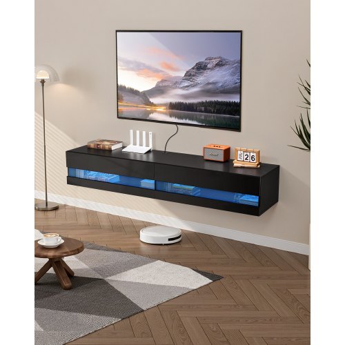 Floating TV Stand, 71 in Wall Mount Entertainment Center with Power Outlet & LED Lights, Modern Floating TV Shelf with 2 Drawers & Storage Cabinet for DVD Player, Cable Box, Game Console, Black