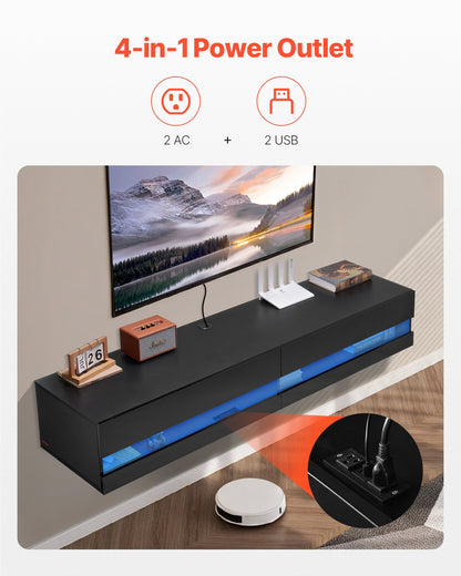 Floating TV Stand, 71 in Wall Mount Entertainment Center with Power Outlet & LED Lights, Modern Floating TV Shelf with 2 Drawers & Storage Cabinet for DVD Player, Cable Box, Game Console, Black