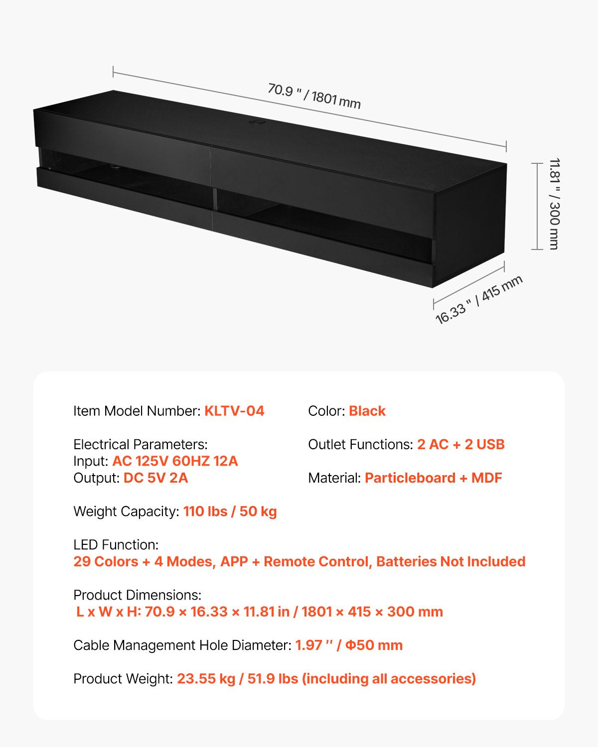 Floating TV Stand, 71 in Wall Mount Entertainment Center with Power Outlet & LED Lights, Modern Floating TV Shelf with 2 Drawers & Storage Cabinet for DVD Player, Cable Box, Game Console, Black
