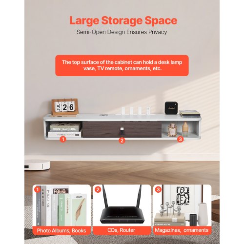 Flytande TV-bänk 47 tum underhållningscenter ström med kabelhål vit |  EU